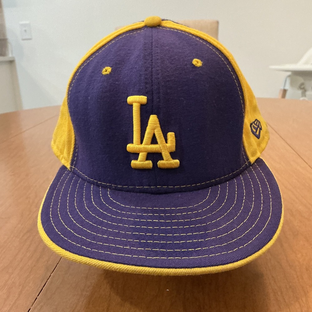 VTG USA Made New Era 59FIFTY Los Angeles Dodgers Hat Sz 8 Purple Gold Fitted